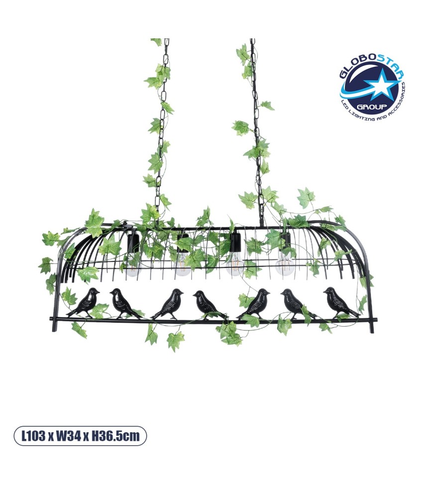 GLOBOSTAR® NEST 01255 Vintage Κρεμαστό Φωτιστικό Οροφής με Ντουί 4 x E27 AC 220-240V IP20 - Mαύρο & Πράσινο - Μ103 x Π34 x Υ36.5cm